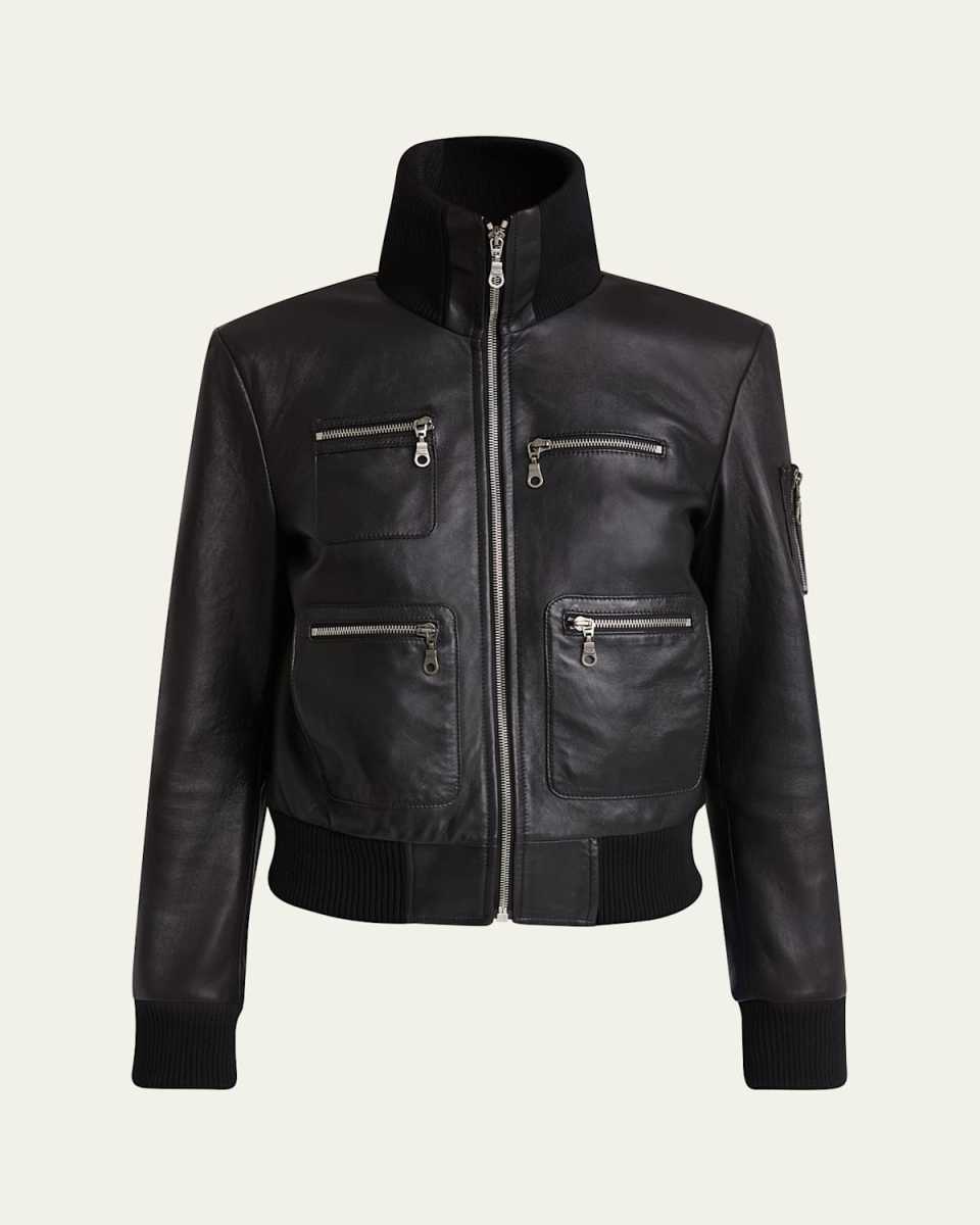 Glossy Leather Bomber Jacket